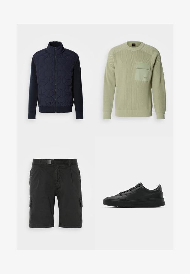 Casaco acolchoado azul marinho escuro com gola alta, fecho de correr na frente, mangas de malha e barra canelada, com padrões circulares no painel da frente.; Pulôver de malha verde claro com textura canelada, gola redonda e um bolso frontal. Apresenta uma marca no bolso e punhos ajustados.; Calções cargo pretos com frente plana, múltiplos bolsos laterais e um cinto, feitos de um tecido durável com uma textura suave.; Sapatilha preta com parte superior em couro liso, bico arredondado, cadarços planos, colarinho almofadado e design minimalista. Sola de borracha com padrão de tração discreto.