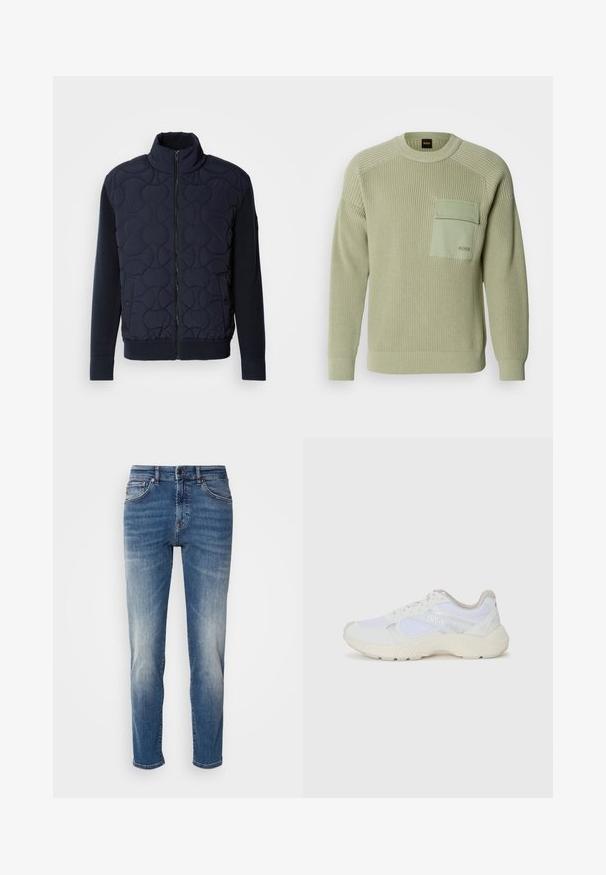 Chaqueta acolchada azul marino oscuro con un alto cuello, cierre de cremallera en la parte delantera, mangas de punto y dobladillo acanalado, con patrones circulares en el panel frontal.; Suéter de punto verde claro con textura acanalada, cuello redondo y un bolsillo en la parte frontal. Presenta una marca en el bolsillo y puños ajustados.; Jeans de mezclilla azul con un diseño de pierna recta, ligero desgastado, estilo clásico de cinco bolsillos y cierre de cremallera con botón.; Zapatillas deportivas blancas hechas de malla y ante, con una entresuela texturizada, acentos texturizados y el logo "HUGO" en el lateral.