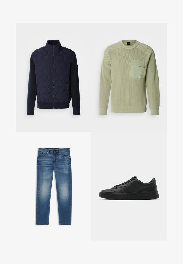 Dark navy quilted jacket featuring a high collar, zip front, knit sleeves, and ribbed hem, with circular patterns on the front panel.; Light green knit sweater with ribbed texture, crew neck, and a front patch pocket. Features branding on the pocket and fitted cuffs.; Blue denim jeans with a straight fit, featuring light fading, a button fly, and standard pockets. Clearly branded waist tag.; Black sneaker with smooth leather upper, round toe, flat laces, cushioned collar, and minimalistic design. Rubber sole with subtle tread pattern.