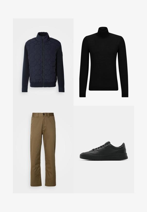 Sötét tengerészkék steppelt dzseki magas gallérral, cipzáros elülső résszel, kötött ujjakkal és bordázott aljjal, az elülső panelen kör alakú mintázattal.; Fekete garbó pulóver puha anyagból, hosszú ujjakkal és szoros fazonnal. Ribbed díszítés az alján és az ujjak végén. Egyszerű dizájn.; Barna, egyenes szárú nadrág szövetből készült. Jellemzői a gombos záródás, oldalsó zsebek és a sima textúra. Testhez simuló szabás.; Fekete sneaker sima bőr felsőrésszel, kerek orral, lapos fűzőkkel, párnázott nyakkal és minimalista dizájnnal. Gumi talp finom profillal.