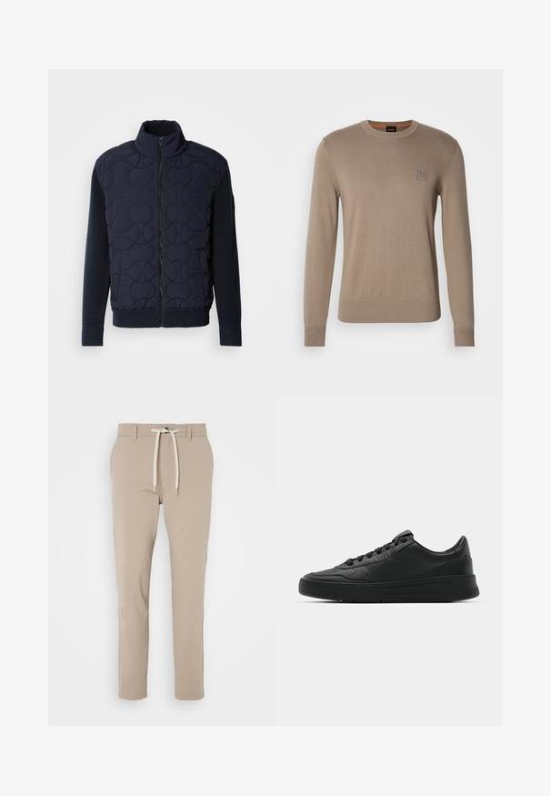Temno modra prešita jakna z visokim ovratnikom, z zadrgo spredaj, pletenimi rokavi in rebrastim robom, s krožnimi vzorci na sprednjem panelu.; Moški bež pulover s kratkimi rokavi, rebrastimi manšetami in podaljšanim robom, z majhnim kvadratnim logotipom na prsih.; BOSS TAPERED - Hlače - light beige; Črne superge z gladkim usnjenim zgornjim delom, okroglo konico, ravnimi vezalkami, oblazinjeno ovratnikom in minimalističnim dizajnom. Gumijast podplat z diskretnim profilom.