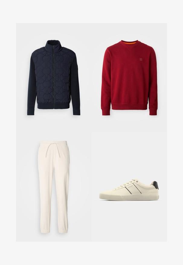 Dunkelblauer gesteppter Mantel mit hohem Kragen, Reißverschluss vorne, gestrickten Ärmeln und geripptem Saum, mit kreisförmigen Mustern auf der Vorderseite.; Roter Sweatshirt aus weichem Stoff, mit rundem Halsausschnitt, gerippten Bündchen und einem quadratischen Logo-Patch auf der linken Brust.; BOSS LARSEN - Stoffhose - open white; Cremfarbene Sneaker mit glatter Oberfläche, die schwarze Akzente und Markenlogo aufweisen. Klassisches Schnürdesign mit runder Zehenform und Gummisohle.