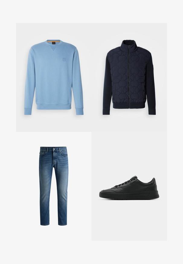 Giacca imbottita di un blu navy scuro con colletto alto, chiusura con zip, maniche a maglia e orlo a costine, decorata con motivi circolari sul pannello frontale.; Felpa azzurra con scollo rotondo, polsini e orlo a costine, dotata di una piccola patch logo in rilievo sul lato sinistro del petto. Tessuto morbido.; Jeans in denim blu scuro con taglio dritto, design a cinque tasche, leggera scoloritura sulle cosce e chiusura a bottone unico in vita.; Sneaker nera con tomaia in pelle liscia, punta rotonda, lacci piatti, collare imbottito e design minimalista. Suola in gomma con un delicato motivo a rilievo.