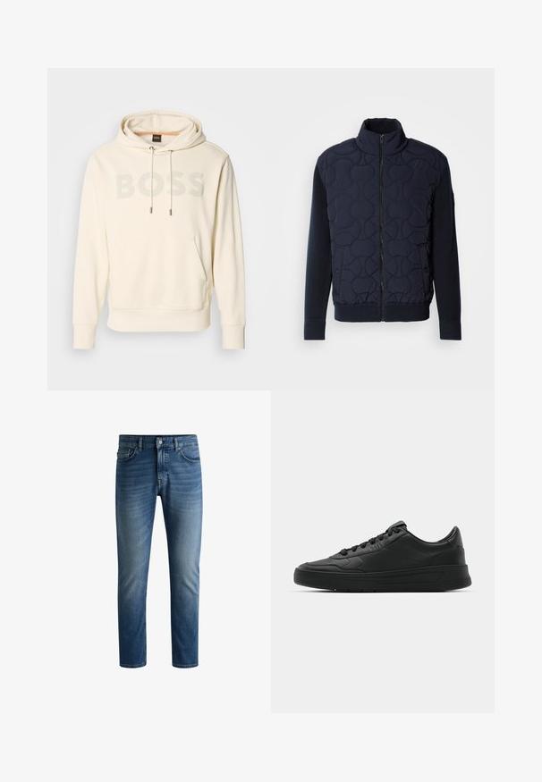 Veste matelassée bleu marine foncé avec un col montant, fermeture éclair à l'avant, manches en tricot et ourlet côtelé, ornée de motifs circulaires sur le panneau avant.; Haut à capuche crème avec une poche kangourou, un cordon de serrage sur la capuche et un grand logo "BOSS" gris. Comprend des poignets et un ourlet côtelés pour un look ajusté.; Jean en denim bleu foncé avec une coupe droite, design à cinq poches, légère décoloration sur les cuisses et fermeture à un seul bouton à la taille.; Baskets noires avec tige en cuir lisse, bout rond, lacets plats, col rembourré et design minimaliste. Semelle en caoutchouc avec un motif de traction subtil.