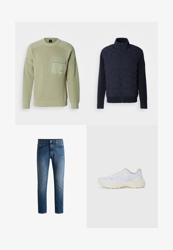 Σκούρο ναυτικό καπιτονέ μπουφάν με ψηλό γιακά, φερμουάρ μπροστινής κλεισίματος, πλεκτά μανίκια και ραμμένο τελείωμα, με κυκλικά σχέδια στην μπροστινή πλευρά.; Ανοιχτό πράσινο πλεκτό ζακέτα με ραβδωτή υφή, στρογγυλή λαιμόκοψη και εμπρόσθια τσέπη. Διαθέτει λογότυπο στην τσέπη και εφαρμοστά μανίκια.; Σκούρο μπλε τζιν παντελόνι με ίσια γραμμή, πέντε τσέπες, ελαφριά φθορά στους μηρούς και ένα κουμπί κλεισίματος στη μέση.; Λευκά αθλητικά παπούτσια από πλέγμα και σουέτ, με υφή στη σόλα, υφές σε διάφορα σημεία και λογότυπο "HUGO" στο πλάι.