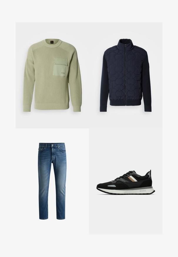 Dunkelblauer gesteppter Mantel mit hohem Kragen, Reißverschluss vorne, gestrickten Ärmeln und geripptem Saum, mit kreisförmigen Mustern auf der Vorderseite.; Hellgrüner Strickpullover mit gerippter Textur, Rundhalsausschnitt und einer Fronttasche. Mit Branding auf der Tasche und enganliegenden Bündchen.; Dunkelblaue Jeans aus Denim mit geradem Schnitt, fünftaschen Design, leichter Verblassung auf den Oberschenkeln und einem einzelnen Knopfverschluss am Bund.; Schwarzer Laufschuh mit strukturiertem Obermaterial, hellgrauen Akzenten und drei horizontalen Streifen in Braun. Verfügt über eine weiße, gepolsterte Sohle.