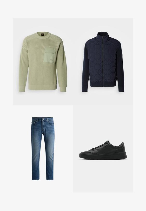 Dunkelblauer gesteppter Mantel mit hohem Kragen, Reißverschluss vorne, gestrickten Ärmeln und geripptem Saum, mit kreisförmigen Mustern auf der Vorderseite.; Hellgrüner Strickpullover mit gerippter Textur, Rundhalsausschnitt und einer Fronttasche. Mit Branding auf der Tasche und enganliegenden Bündchen.; Dunkelblaue Jeans aus Denim mit geradem Schnitt, fünftaschen Design, leichter Verblassung auf den Oberschenkeln und einem einzelnen Knopfverschluss am Bund.; Schwarze Sneaker mit glattem Lederobermaterial, runder Zehenpartie, flachen Schnürsenkeln, gepolstertem Kragen und minimalistischem Design. Gummisohle mit subtiler Profilierung.