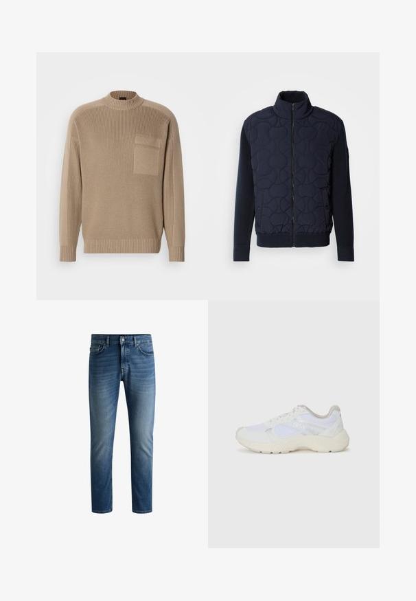 Tmavomodrá prešívaná bunda s vysokým golierom, predným zipsom, pletenými rukávmi a rebrovaným spodným lemom, s kruhovými vzormi na prednom paneli.; Béžový pletený sveter s dlhými rukávmi, rebrovaným golierom a manžetami a náprsním vreckom na ľavej strane hrude.; Tmavomodré džínsy s rovnými nohavicami, dizajnom na päť vreciek, svetlým vyblednutím na stehnách a jedným gombíkom na uzatvorenie v páse.; Biele atletické topánky vyrobené z materiálov sieťoviny a semišu, s textúrovanou strednou podošvou, textúrovanými akcentmi a logom "HUGO" na boku.