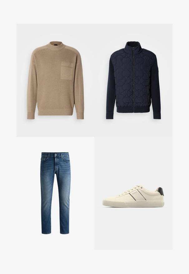 Sötét tengerészkék steppelt dzseki magas gallérral, cipzáros elülső résszel, kötött ujjakkal és bordázott aljjal, az elülső panelen kör alakú mintázattal.; Beige kötött pulóver hosszú ujjal, bordás gallérral és mandzsettával, valamint egy foltmentalázi zsebbel a bal mellen.; Sötétkék farmernadrág egyenes szabással, öt zsebbel, világosabb elhalványulásokkal a combok területén, és egy gombos zárással a derékrészen.; Krém színű sneakers, sima textúrával, fekete kiegészítőkkel és márkajelzéssel. Klasszikus fűzős dizájn, kerek orral és gumitalppal.
