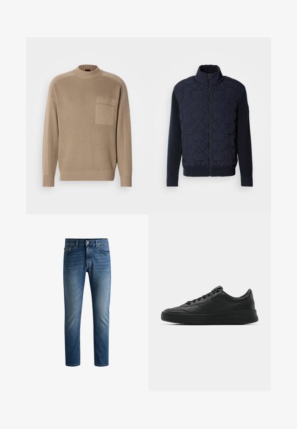 Dunkelblauer gesteppter Mantel mit hohem Kragen, Reißverschluss vorne, gestrickten Ärmeln und geripptem Saum, mit kreisförmigen Mustern auf der Vorderseite.; Beige gestrickter Pullover mit langen Ärmeln, geripptem Kragen und Bündchen sowie einer aufgesetzten Tasche auf der linken Brust.; Dunkelblaue Jeans aus Denim mit geradem Schnitt, fünftaschen Design, leichter Verblassung auf den Oberschenkeln und einem einzelnen Knopfverschluss am Bund.; Schwarze Sneaker mit glattem Lederobermaterial, runder Zehenpartie, flachen Schnürsenkeln, gepolstertem Kragen und minimalistischem Design. Gummisohle mit subtiler Profilierung.