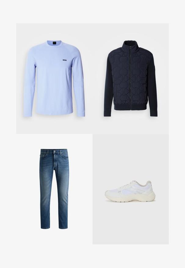 Dark navy quilted jacket featuring a high collar, zip front, knit sleeves, and ribbed hem, with circular patterns on the front panel.; Light blue long-sleeve sweater made of soft fabric featuring a round neck, ribbed cuffs, and a small black "BOSS" logo on the chest.; Dark blue denim jeans with a straight cut, five-pocket design, light fading on thighs, and a single button closure at the waistband.; White athletic shoes made of mesh and suede, featuring a textured midsole, textured accents, and "HUGO" logo on the side.