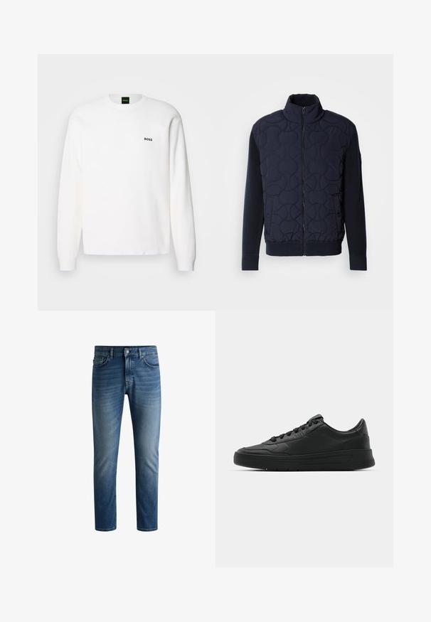 Tamsiai mėlynas siuvinėtas švarkas, turintis aukštą apykaklę, užtrauktuką priekyje, megztas rankoves ir briaunotą apačią, su apvaliais raštais priekyje.; BOSS RARTIC - Džemperis - white; Tamsiai mėlynos džinsinės kelnės su tiesiu puošu, penkių kišenių dizainu, šviesiu blukimu šlaunų srityje ir vienu mygtuko užsegimu liemens srityje.; Juodi sportiniai batai su lygia odine viršutine dalimi, apvaliu pirštu, plokščiomis raišteliais, pagaminta su paminkštinta apykakle ir minimalizmo dizainu. Guma padais su subtilia protektoriaus raštu.