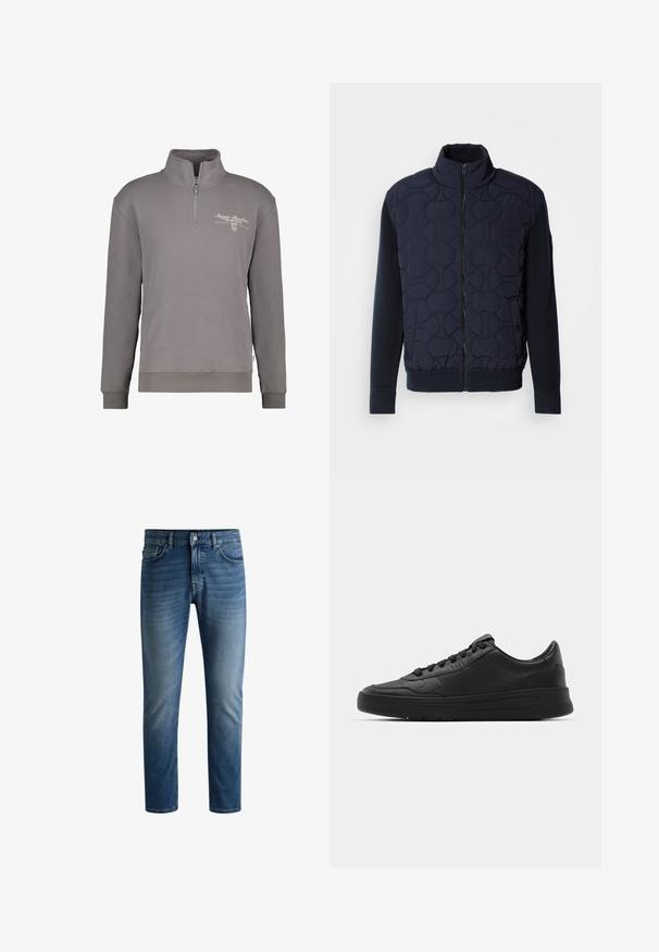 Donker marineblauwe gewatteerde jas met hoge kraag, rits aan de voorkant, gebreide mouwen en geribbelde zoom, met cirkelpatronen op het voorpaneel.; Grijze zip-up sweatshirt met een hoge kraag, met een logo in witte borduursel op de borst en ribgebreide manchetten en onderkant. Zachte textuur.; Donkerblauwe denim jeans met een rechte snit, vijf-pocket ontwerp, lichte vervaging op de dijen en een enkele knoopsluiting bij de tailleband.; Zwarte sneaker met een glad leren bovenwerk, ronde neus, platte veters, gewatteerde kraag en minimalistisch design. Rubberen zool met een subtiel profiel.