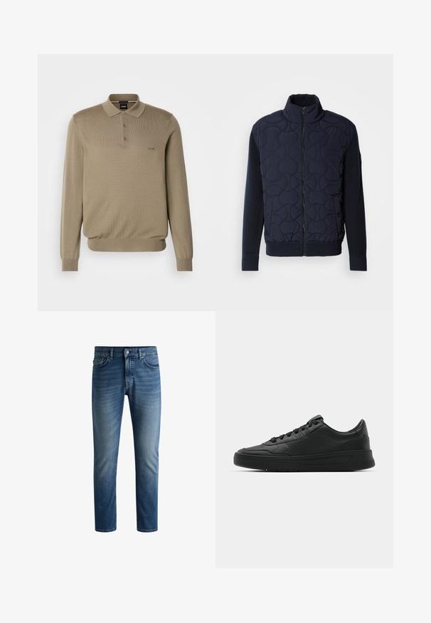 Tamno mornarica jakna s quilted uzorkom, visoki ovratnik, prednji zip, pletene rukave i rebrasti rub, s kružnim uzorcima na prednjem panelu.; Bežani pleteni polo džemper s dugim rukavima, zapenjanjem s tri gumba i rebrastim manžetama. Ima diskretni logo na lijevoj strani prsnog dijela.; Tamno plave traperice s ravnim krojem, dizajnom s pet džepova, svijetlim izbljeđenjem na bedrima i jednim gumbom za zakopčavanje na struku.; Crne tenisice s glatkom kožnom gornjištem, okruglim vrhom, ravnim vezicama, podstavljenim ovratnikom i minimalističkim dizajnom. Gumeni potplat s suptilnim uzorkom.