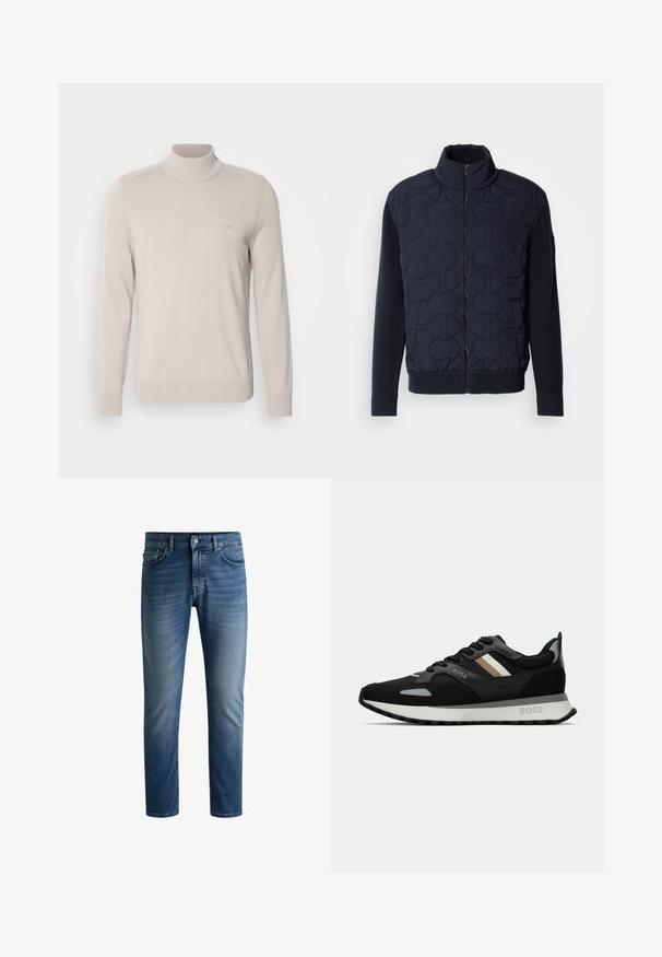 Tumši jūras zils, quiltēts jakas izmērs ar augstu apkakli, ar rāvējspiedni priekšpusē, adītām piedurknēm un ribinātu apakšmalu, ar apļveida rakstiem priekšējā panelī.; Gai beidzs turtlenecks džemperis, izgatavots no mīksta auduma. Tam ir ribota piedurkņu un apakšmalas, kā arī nemanāms logotips uz krūšu daļas. Klasisks dizains.; Tumši zili džinsi ar taisnu piegriezumu, piecu kabatu dizainu, vieglu izbalēšanu uz augšstilbiem un vienu pogu jostasvietā.; Melnas skrienamās kurpes ar teksturētu virsmu, gaiši pelēkiem akcentiem un trim horizontālām svītrām brūnā krāsā. Iespējo baltu polsterētu zoli.