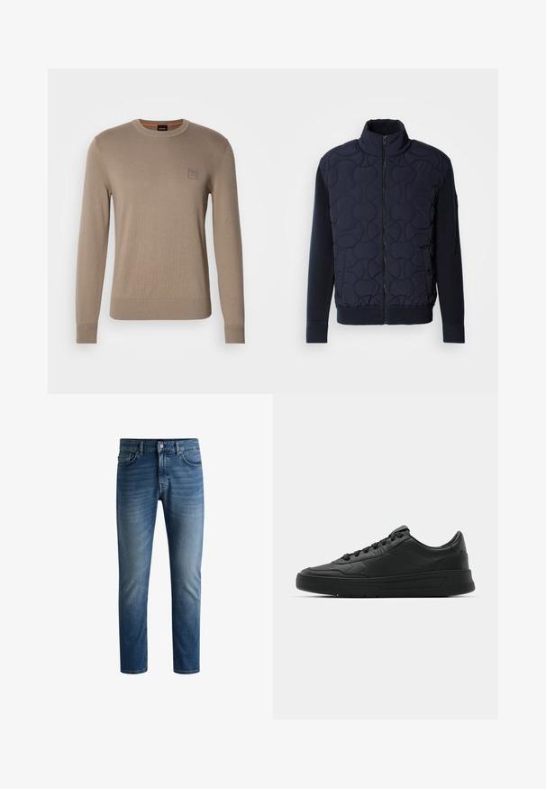 Temno modra prešita jakna z visokim ovratnikom, z zadrgo spredaj, pletenimi rokavi in rebrastim robom, s krožnimi vzorci na sprednjem panelu.; Moški bež pulover s kratkimi rokavi, rebrastimi manšetami in podaljšanim robom, z majhnim kvadratnim logotipom na prsih.; Temno modre jeans hlače s ravnim krojem, petimi žepi, svetlim bledenjem na stegnih in enojnim gumbom za zapiranje na pasu.; Črne superge z gladkim usnjenim zgornjim delom, okroglo konico, ravnimi vezalkami, oblazinjeno ovratnikom in minimalističnim dizajnom. Gumijast podplat z diskretnim profilom.