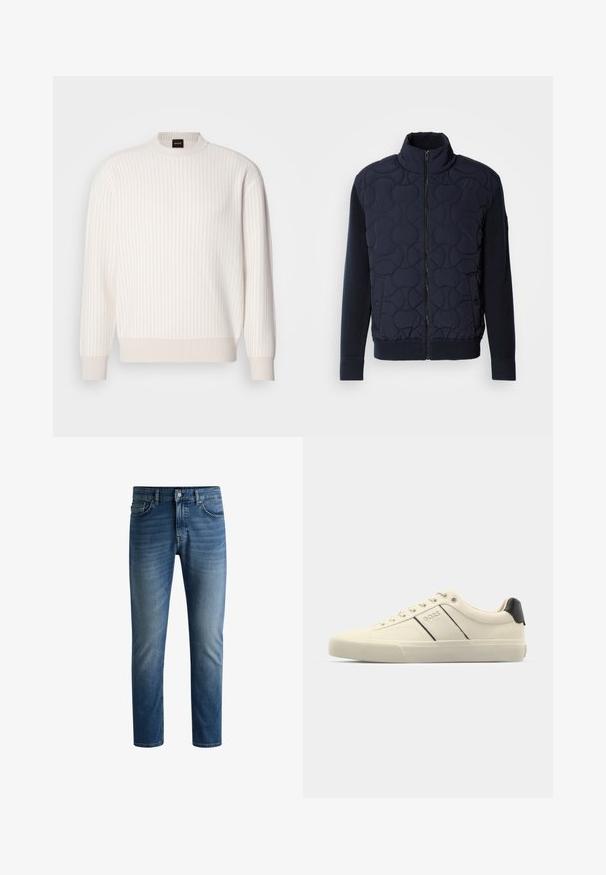 Donker marineblauwe gewatteerde jas met hoge kraag, rits aan de voorkant, gebreide mouwen en geribbelde zoom, met cirkelpatronen op het voorpaneel.; Witte ribgebreide trui met een ronde halslijn en lange mouwen. Heeft een textuurstof met een zachte afwerking en subtiele horizontale lijnen.; Donkerblauwe denim jeans met een rechte snit, vijf-pocket ontwerp, lichte vervaging op de dijen en een enkele knoopsluiting bij de tailleband.; Crème-kleurige sneakers met een gladde textuur, voorzien van zwarte accenten en branding. Tijdloos vetersysteem met een ronde neus en rubberen zool.
