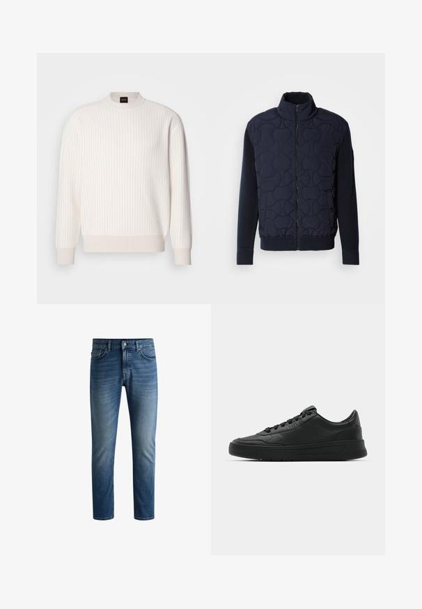 Tmavě námořnický prošívaný kabát s vysokým límcem, zipem vpředu, pletenými rukávy a žebrovaným lemem, se zaoblenými vzory na předním panelu.; Bílý žebrovaný svetr s kulatým výstřihem a dlouhými rukávy. Má texturovanou tkaninu s jemným povrchem a nenápadnými horizontálními pruhy.; Tmavě modré džíny s rovnými nohavicemi, designem s pěti kapsami, s mírným vyšisováním na stehnech a jedním knoflíkem na zapnutí v pase.; Černé tenisky s hladkým koženým svrškem, kulatou špičkou, plochými tkaničkami, polstrovaným límcem a minimalistickým designem. Gumová podrážka s jemným vzorkem.