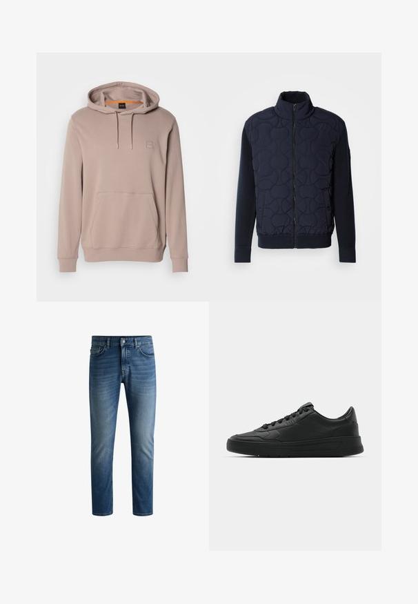 Giacca imbottita di un blu navy scuro con colletto alto, chiusura con zip, maniche a maglia e orlo a costine, decorata con motivi circolari sul pannello frontale.; Felpa con cappuccio marrone chiaro, dotata di tasca frontale e cordini, con una piccola etichetta quadrata sul petto.; Jeans in denim blu scuro con taglio dritto, design a cinque tasche, leggera scoloritura sulle cosce e chiusura a bottone unico in vita.; Sneaker nera con tomaia in pelle liscia, punta rotonda, lacci piatti, collare imbottito e design minimalista. Suola in gomma con un delicato motivo a rilievo.