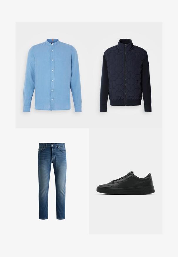 Tummansininen tyynyjäkt, jossa on korkea kaulus, vetoketjukiinnitys, neulottuja hihoja ja ribbaushelma, sekä pyöreitä kuvioita etupanelissa.; Vaaleansinäinen pitkähihaisena paita, jossa on bändikaulus, edessä nappikiinnitys ja pieniä valkoisia nappeja; valmistettu sileästä, teksturoidusta kankaasta.; Tumma sinisiä farkkuja suoran leikkauksen, viisipaikkasuunnittelun, vaalean haalistuman reidissä ja yksittäisen nappisulun vyötäröllä.; Mustat lenkkitossut, joissa on sileä nahkapäällinen, pyöreä kärki, tasaiset nauhat, pehmustettu nilkka ja minimalistinen muotoilu. Kumia pohja, jossa on hillitty urakuvio.