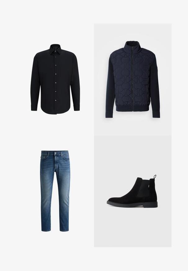 Mörkblå vadderad jacka med hög krage, dragkedja fram, stickade ärmar och ribbad nederkant, med cirkulära mönster på frampanelen.; Svart långärmad skjorta i slät tyg, med spetsig krage och knäppning framtill med sex metallknappar och justerbara manschetter.; Mörkblå denimjeans med rak skärning, femfickdesign, lätt blekning på låren och en enskild knappstängning i midjan.; Svarta mocka Chelsea-boots med elastiska sidopaneler, rund tå och låg gummisula. Har en dragflik på baksidan för enkel påtagning.
