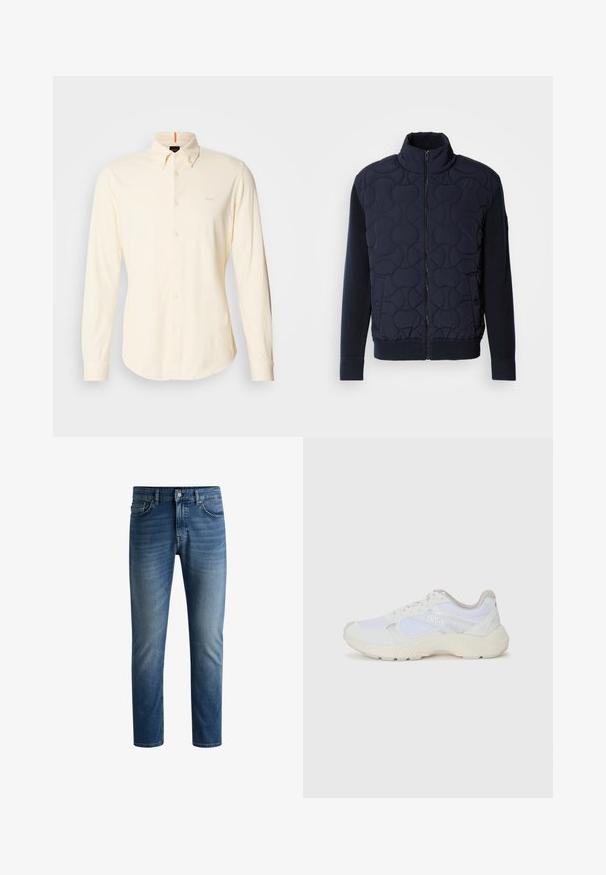 Sötét tengerészkék steppelt dzseki magas gallérral, cipzáros elülső résszel, kötött ujjakkal és bordázott aljjal, az elülső panelen kör alakú mintázattal.; Hosszú ujjú, gombos ing világos bézs pamutból; klasszikus gallérral és kis logó részlettel a bal felső mellen.; Sötétkék farmernadrág egyenes szabással, öt zsebbel, világosabb elhalványulásokkal a combok területén, és egy gombos zárással a derékrészen.; Fehér sportcipők, amelyek hálós és velúr anyagból készültek, texturált középtalppal, texturált részletekkel és a "HUGO" logóval az oldalon.