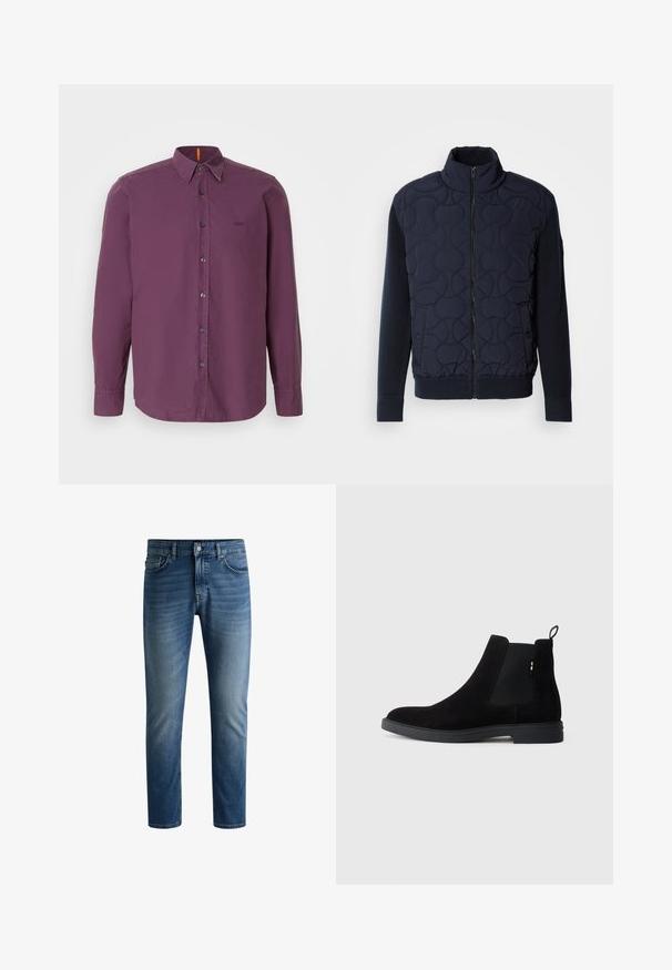 Giacca imbottita di un blu navy scuro con colletto alto, chiusura con zip, maniche a maglia e orlo a costine, decorata con motivi circolari sul pannello frontale.; Camicia a maniche lunghe con bottoni in tessuto viola scuro. Presenta un colletto classico, bottoni neri e un ricamo del logo discreto sul petto.; Jeans in denim blu scuro con taglio dritto, design a cinque tasche, leggera scoloritura sulle cosce e chiusura a bottone unico in vita.; Stivali Chelsea neri in suede con pannelli elasticizzati ai lati, punta rotonda e suola in gomma bassa. Presentano una linguetta sul retro per facilitarne l'indosso.