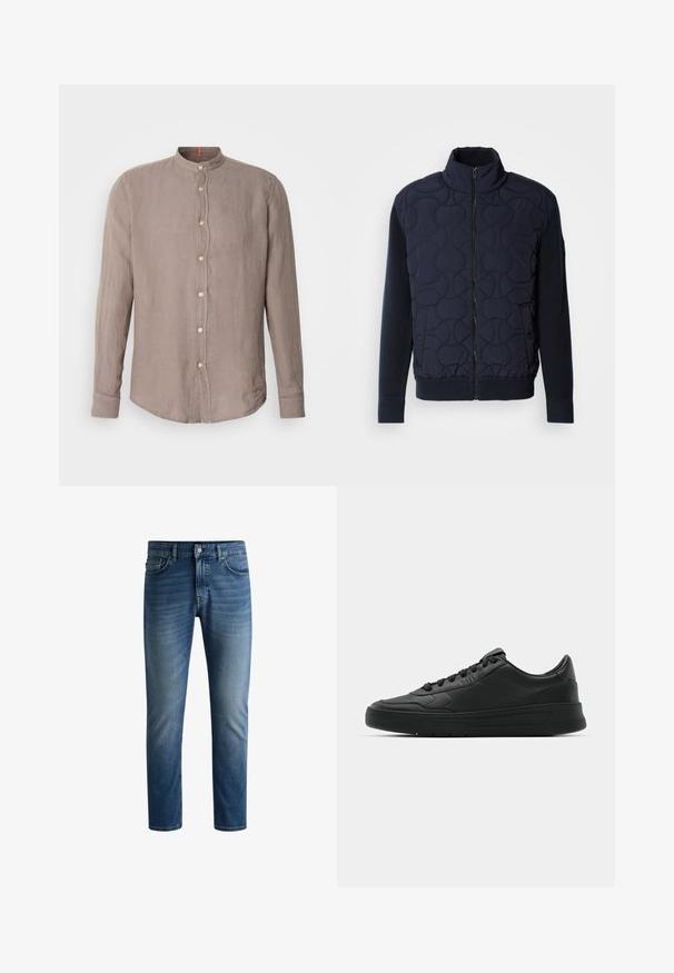 Giacca imbottita di un blu navy scuro con colletto alto, chiusura con zip, maniche a maglia e orlo a costine, decorata con motivi circolari sul pannello frontale.; Camicia a maniche lunghe in lino taupe con colletto alla cinese, presentante una chiusura a bottoni e una lieve trama, progettata con un orlo curvo.; Jeans in denim blu scuro con taglio dritto, design a cinque tasche, leggera scoloritura sulle cosce e chiusura a bottone unico in vita.; Sneaker nera con tomaia in pelle liscia, punta rotonda, lacci piatti, collare imbottito e design minimalista. Suola in gomma con un delicato motivo a rilievo.