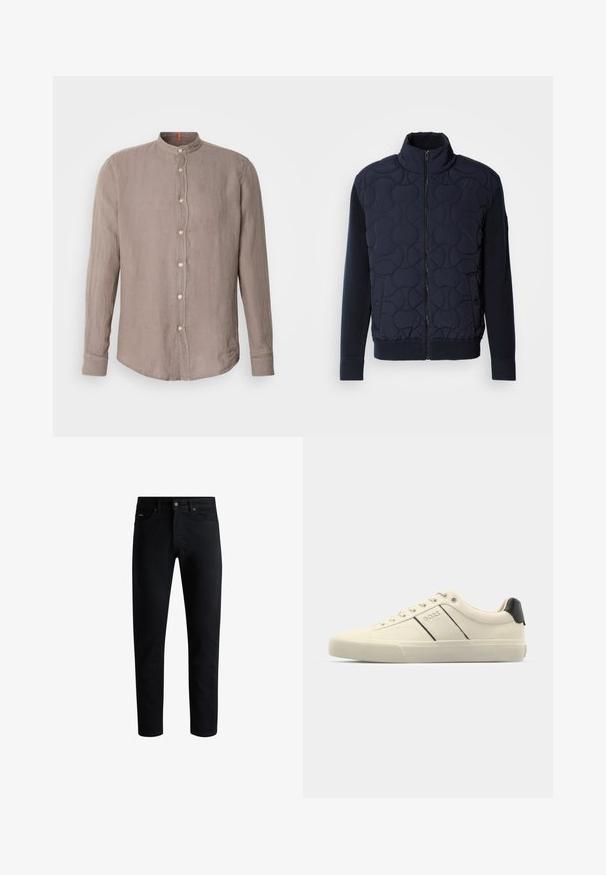 Tume mere tõmblukuga jakk, millel on kõrge krae, kootud varrukad ja ribast serv, ning esiküljel ringikujulised mustrid.; Pikkade varrukatega särg taupe värvi linast kangast, mandariini krae ja nööbiga esiosaga, peene tekstuuriga, kujundatud kumerate servadega.; Must mustrikot, viie taskuga, nupuga sulgus ja vöökonksudega, esitatud valge tausta ees.; Kreemikaalased sneekerid sileda pinnaga, millel on mustad aktsendid ja bränding. Klassikaline paeltega mudel ümmarguse ninaga ja kummist tallaga.