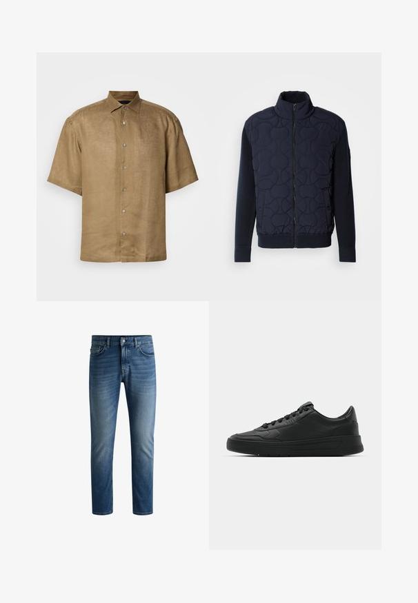 Giacca imbottita di un blu navy scuro con colletto alto, chiusura con zip, maniche a maglia e orlo a costine, decorata con motivi circolari sul pannello frontale.; Camicia a maniche corte, con bottoni, in tessuto di lino marrone chiaro con finitura testurizzata, dotata di un colletto standard e sei bottoni sulla parte anteriore.; Jeans in denim blu scuro con taglio dritto, design a cinque tasche, leggera scoloritura sulle cosce e chiusura a bottone unico in vita.; Sneaker nera con tomaia in pelle liscia, punta rotonda, lacci piatti, collare imbottito e design minimalista. Suola in gomma con un delicato motivo a rilievo.
