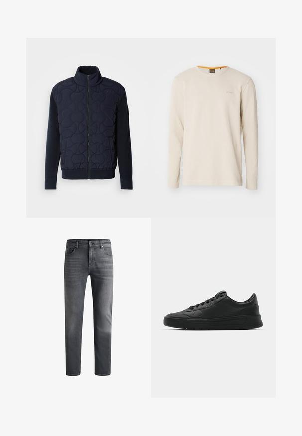 Casaco acolchoado azul marinho escuro com gola alta, fecho de correr na frente, mangas de malha e barra canelada, com padrões circulares no painel da frente.; T-shirt de manga longa em bege claro, feito de tecido texturizado. Apresenta um decote redondo e um pequeno logótipo no peito com um detalhe laranja dentro do colarinho.; Jeans de ganga cinza escuro com corte direito. Apresentam cinco bolsos, fecho de correr e leves marcas de desgaste nas coxas para uma textura subtil.; Sapatilha preta com parte superior em couro liso, bico arredondado, cadarços planos, colarinho almofadado e design minimalista. Sola de borracha com padrão de tração discreto.