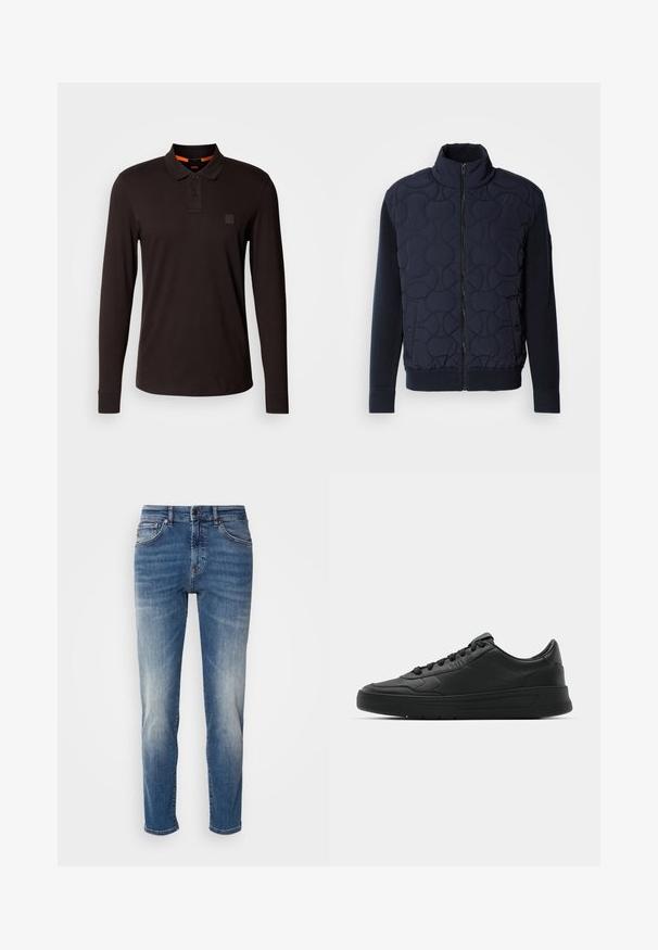 Temno modra prešita jakna z visokim ovratnikom, z zadrgo spredaj, pletenimi rokavi in rebrastim robom, s krožnimi vzorci na sprednjem panelu.; Polo majica z dolgimi rokavi v temno rjavi barvi iz bombaža, z dvema gumboma na plastronu, rahlo odtisnjenim logotipom in kontrastno oranžnim notranjim ovratnikom.; Modre kavbojke z ravnim krojem, svetlimi madeži, klasičnim pet-pocket stilom in zadrgo s pripenjalnim gumbom.; Črne superge z gladkim usnjenim zgornjim delom, okroglo konico, ravnimi vezalkami, oblazinjeno ovratnikom in minimalističnim dizajnom. Gumijast podplat z diskretnim profilom.