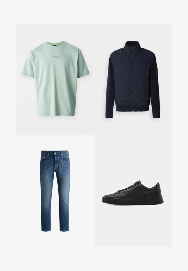 Chaqueta acolchada azul marino oscuro con un alto cuello, cierre de cremallera en la parte delantera, mangas de punto y dobladillo acanalado, con patrones circulares en el panel frontal.; Camiseta verde claro de algodón suave, con mangas cortas y cuello redondo. Logo "BOSS" bordado en el frente.; Jeans de mezclilla azul oscuro con corte recto, diseño de cinco bolsillos, ligero desgaste en los muslos y un cierre de botón en la cintura.; Zapatilla negra con parte superior de cuero liso, puntera redonda, cordones planos, cuello acolchado y diseño minimalista. Suela de goma con un patrón de relieve sutil.