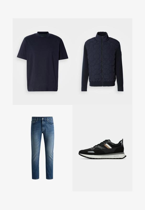 Tmavě námořnický prošívaný kabát s vysokým límcem, zipem vpředu, pletenými rukávy a žebrovaným lemem, se zaoblenými vzory na předním panelu.; Námořnická modrá tričko s vysokým výstřihem a krátkými rukávy. Vyrobeno z měkké tkaniny, s jednoduchým designem bez vzorů nebo ozdob.; Tmavě modré džíny s rovnými nohavicemi, designem s pěti kapsami, s mírným vyšisováním na stehnech a jedním knoflíkem na zapnutí v pase.; Černá běžecká obuv s texturovaným povrchem, světle šedými akcenty a třemi vodorovnými pruhy v hnědé. Obsahuje bílou polstrovanou podešev.