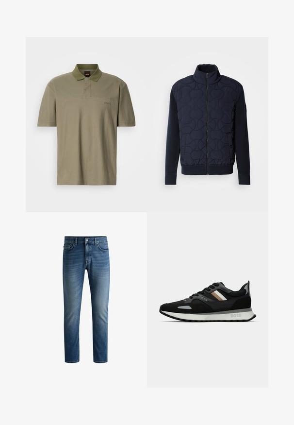 Σκούρο ναυτικό καπιτονέ μπουφάν με ψηλό γιακά, φερμουάρ μπροστινής κλεισίματος, πλεκτά μανίκια και ραμμένο τελείωμα, με κυκλικά σχέδια στην μπροστινή πλευρά.; Ελαιόχρωμη πόλο μπλούζα, με κοντά μανίκια, κολάρο, διακριτή υφή, διαθέτει ένα μικρό κεντητό λογότυπο "BOSS" στη αριστερή πλευρά.; Σκούρο μπλε τζιν παντελόνι με ίσια γραμμή, πέντε τσέπες, ελαφριά φθορά στους μηρούς και ένα κουμπί κλεισίματος στη μέση.; Μαύρο αθλητικό παπούτσι με υφασμάτινη επιφάνεια, ανοιχτό γκρι λεπτομέρειες και τρεις οριζόντιες ρίγες σε καφέ χρώμα. Διαθέτει λευκή μαλακή σόλα.