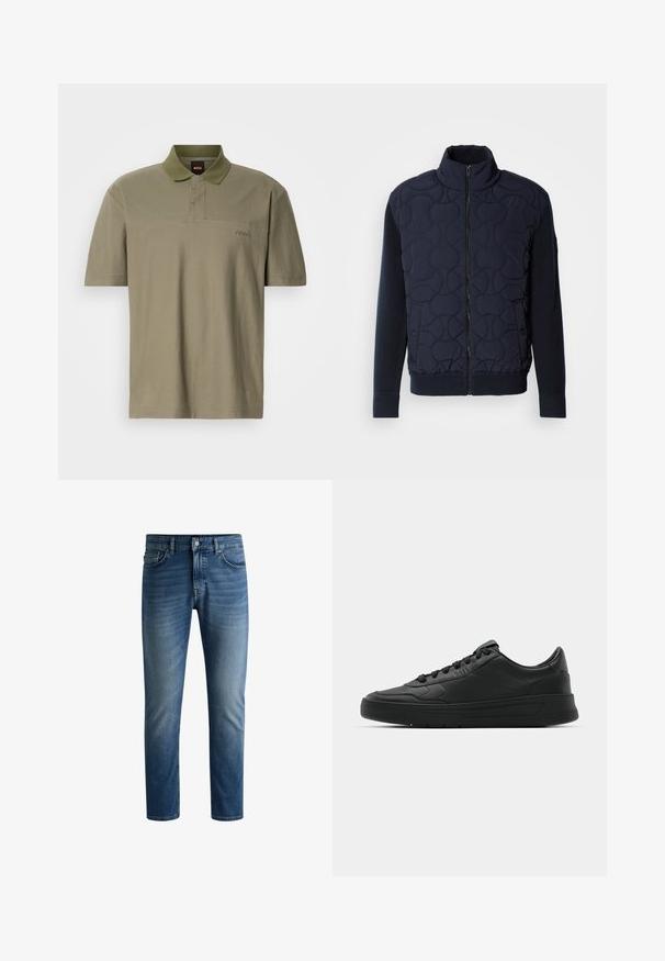 Ciemnoniebieska pikowana kurtka z wysokim kołnierzem, zamkiem z przodu, dzianinowymi rękawami i ściągaczem na dole, z okrągłymi wzorami na przedniej części.; Oliwkowa koszulka polo, krótki rękaw, z kołnierzykiem, o subtelnej fakturze, z małym haftowanym logo "BOSS" po lewej stronie.; Ciemnoniebieskie dżinsy z prostym krojem, pięcioma kieszeniami, delikatnym wyblaknięciem na udach i jednym guzikiem przy pasku.; Czarny sneakers z gładkiej skórzanej cholewce, okrągłym nosku, płaskimi sznurówkami, wyściółką kołnierza i minimalistycznym designie. Gumowa podeszwa z delikatnym wzorem bieżnika.