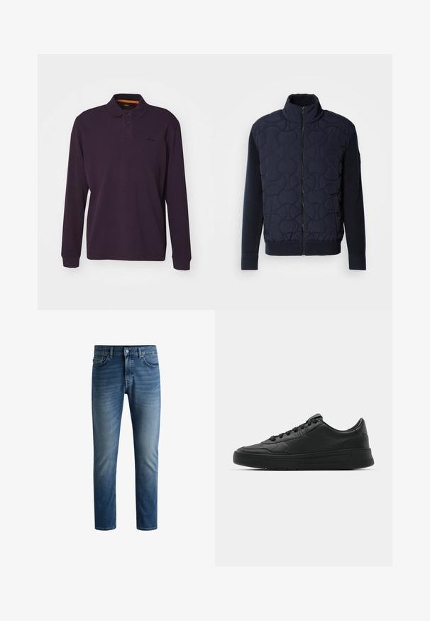 Casaco acolchoado azul marinho escuro com gola alta, fecho de correr na frente, mangas de malha e barra canelada, com padrões circulares no painel da frente.; Camisa polo de manga longa roxa com textura canelada, com placket de dois botões e logótipo bordado no peito. Interior da gola acentuado em laranja.; Jeans em denim azul escuro com corte reto, design de cinco bolsos, desbotamento leve nas coxas e um único botão de fecho na cintura.; Sapatilha preta com parte superior em couro liso, bico arredondado, cadarços planos, colarinho almofadado e design minimalista. Sola de borracha com padrão de tração discreto.