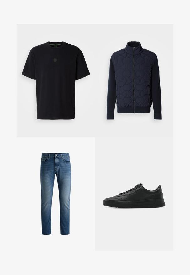 Donker marineblauwe gewatteerde jas met hoge kraag, rits aan de voorkant, gebreide mouwen en geribbelde zoom, met cirkelpatronen op het voorpaneel.; Zwarte T-shirt met korte mouwen, gemaakt van zachte stof, met een ronde halslijn en een subtiele logo in donkerbruin op de borst.; Donkerblauwe denim jeans met een rechte snit, vijf-pocket ontwerp, lichte vervaging op de dijen en een enkele knoopsluiting bij de tailleband.; Zwarte sneaker met een glad leren bovenwerk, ronde neus, platte veters, gewatteerde kraag en minimalistisch design. Rubberen zool met een subtiel profiel.