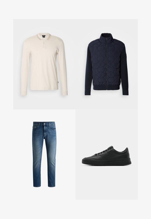 Mørk sjøgrønn quiltet jakke med høy krage, glidelås foran, strikkede ermer og ribbestrikket hem, med sirkulære mønstre på frontpanelet.; Langermet polo skjorte i lys kremfarge med ribbet krage og placket. Laget av myk stoff, med rett nederkant og mansjetter.; Mørk blå denimjeans med rett snitt, fem lommers design, lys falming på lårene, og en enkelt knapp i midjen.; Sorte sneakers med glatt skinnøvre, rund tå, flate lisser, polstret krage og minimalistisk design. Gummisåle med subtilt mønster.