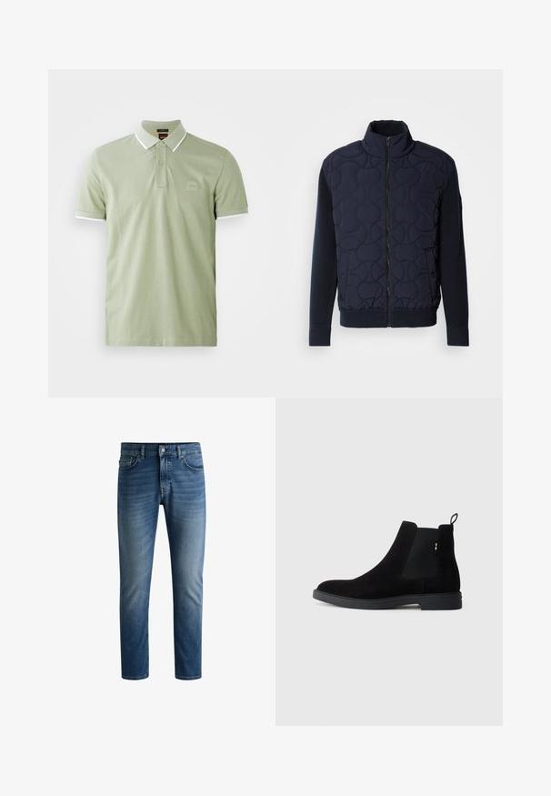 Temno modra prešita jakna z visokim ovratnikom, z zadrgo spredaj, pletenimi rokavi in rebrastim robom, s krožnimi vzorci na sprednjem panelu.; Svetlo zelena polo majica iz bombaža, s klasičnim ovratnikom, dvema gumboma in belim okrasom na ovratniku in rokavih. Kvadratni logotip na prsih.; Temno modre jeans hlače s ravnim krojem, petimi žepi, svetlim bledenjem na stegnih in enojnim gumbom za zapiranje na pasu.; Črne semiš Chelsea škornje z elastičnimi stranskimi paneli, zaobljenim prstom in nizkim gumijastim podplatom. Imajo zanka na hrbtni strani za enostavno obuvanje.