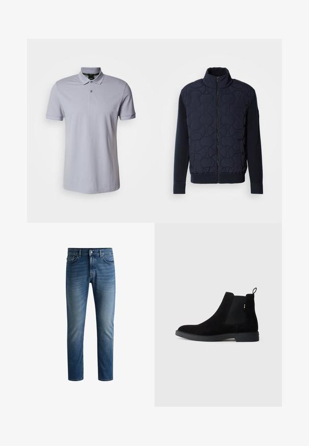 Tumši jūras zils, quiltēts jakas izmērs ar augstu apkakli, ar rāvējspiedni priekšpusē, adītām piedurknēm un ribinātu apakšmalu, ar apļveida rakstiem priekšējā panelī.; Gaišpelēka polo kreklā no kokvilnas ar klasisku apkakli un divu pogu aizdari. Mazs tonāls logotips uz krūtīm. Īsas piedurknes.; Tumši zili džinsi ar taisnu piegriezumu, piecu kabatu dizainu, vieglu izbalēšanu uz augšstilbiem un vienu pogu jostasvietā.; Melni zamšas Čelsī zābaki ar elastīgām sānu daļām, noapaļota purngalu un zema gumijas zole. Iespējams viegli uzvilkt, pateicoties aizmugurējai cilpai.