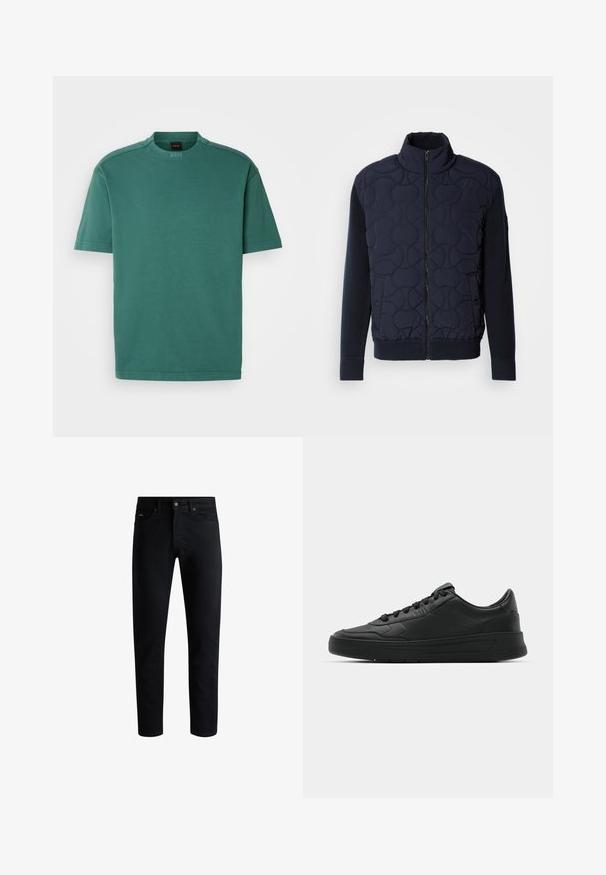 Ciemnoniebieska pikowana kurtka z wysokim kołnierzem, zamkiem z przodu, dzianinowymi rękawami i ściągaczem na dole, z okrągłymi wzorami na przedniej części.; Zielony, krótki T-shirt z bawełny, z ribbowanym okrągłym dekoltem i subtelnymi akcentami na ramionach. Minimalistyczny design bez wzorów.; Czarne jeansy slim fit z pięcioma kieszeniami, zapięciem na guzik i pętelkami na pasek, wyeksponowane na białym tle.; Czarny sneakers z gładkiej skórzanej cholewce, okrągłym nosku, płaskimi sznurówkami, wyściółką kołnierza i minimalistycznym designie. Gumowa podeszwa z delikatnym wzorem bieżnika.