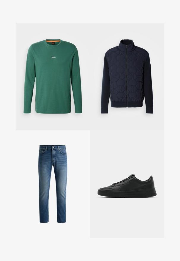 Mörkblå vadderad jacka med hög krage, dragkedja fram, stickade ärmar och ribbad nederkant, med cirkulära mönster på frampanelen.; Långärmad grön T-shirt i bomull med rund halsringning, försedd med en vit "BOSS"-logotyp på bröstet och orange detaljer på den inre halsen.; Mörkblå denimjeans med rak skärning, femfickdesign, lätt blekning på låren och en enskild knappstängning i midjan.; Svart sneaker med slät läderöverkänsla, rund tå, platta snören, vadderad krage och minimalistisk design. Gummisula med subtilt mönster.