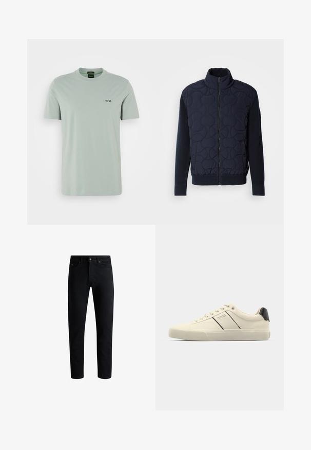 Tmavě námořnický prošívaný kabát s vysokým límcem, zipem vpředu, pletenými rukávy a žebrovaným lemem, se zaoblenými vzory na předním panelu.; Světlě zelené bavlněné tričko s krátkými rukávy a kulatým výstřihem. Na hrudi se nachází černé logo "BOSS". Hladká textura.; Černé slim-fit džíny s pěti kapsami, zapínáním na knoflík a poutek na opasek, vystavené na bílém pozadí.; Krémové tenisky s hladkým povrchem, s černými akcenty a logem. Klasický šněrovací design s kulatou špičkou a gumovou podrážkou.