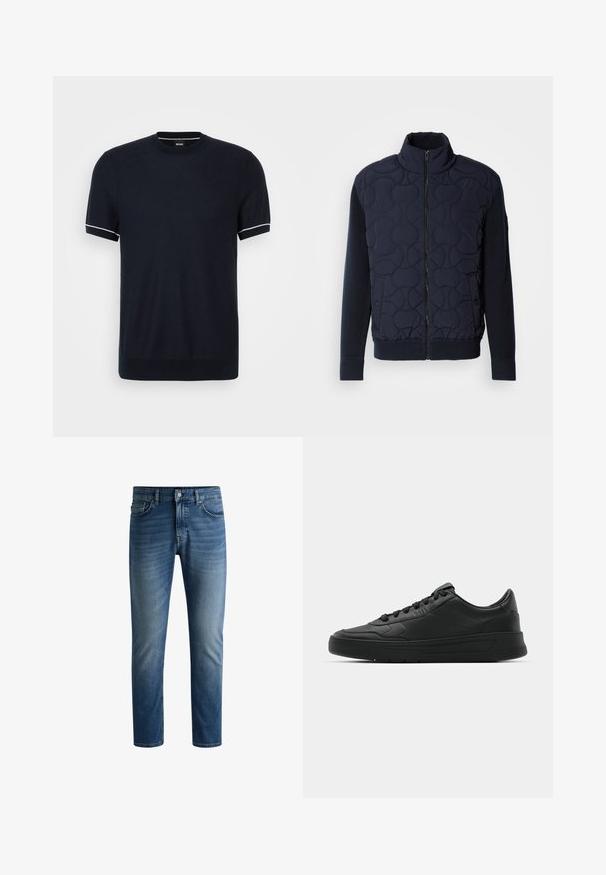 Tmavě námořnický prošívaný kabát s vysokým límcem, zipem vpředu, pletenými rukávy a žebrovaným lemem, se zaoblenými vzory na předním panelu.; Námořnický modrý svetr krátký rukáv s kulatým výstřihem a bílými pruhy na manžetách. Hladká textura s přiléhavým střihem.; Tmavě modré džíny s rovnými nohavicemi, designem s pěti kapsami, s mírným vyšisováním na stehnech a jedním knoflíkem na zapnutí v pase.; Černé tenisky s hladkým koženým svrškem, kulatou špičkou, plochými tkaničkami, polstrovaným límcem a minimalistickým designem. Gumová podrážka s jemným vzorkem.