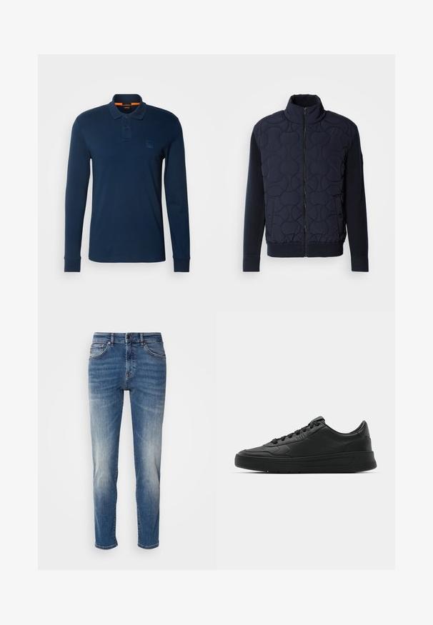 Mörkblå vadderad jacka med hög krage, dragkedja fram, stickade ärmar och ribbad nederkant, med cirkulära mönster på frampanelen.; BOSS PASSERBY - Piké - open blue; Blå denimjeans med rak ben design, ljus blekning, klassisk femfickdesign och dragkedja med knäppning.; Svart sneaker med slät läderöverkänsla, rund tå, platta snören, vadderad krage och minimalistisk design. Gummisula med subtilt mönster.