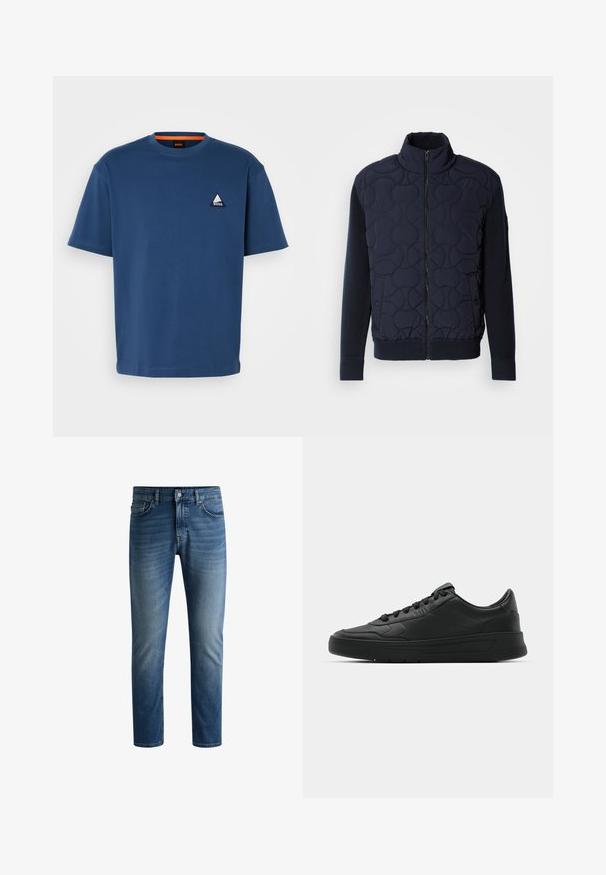 Mørk sjøgrønn quiltet jakke med høy krage, glidelås foran, strikkede ermer og ribbestrikket hem, med sirkulære mønstre på frontpanelet.; Mørkeblå bomull T-skjorte med rund hals. Har et trekantet logo i hvitt og blått på venstre bryst. Korte ermer, avslappet passform.; Mørk blå denimjeans med rett snitt, fem lommers design, lys falming på lårene, og en enkelt knapp i midjen.; Sorte sneakers med glatt skinnøvre, rund tå, flate lisser, polstret krage og minimalistisk design. Gummisåle med subtilt mønster.