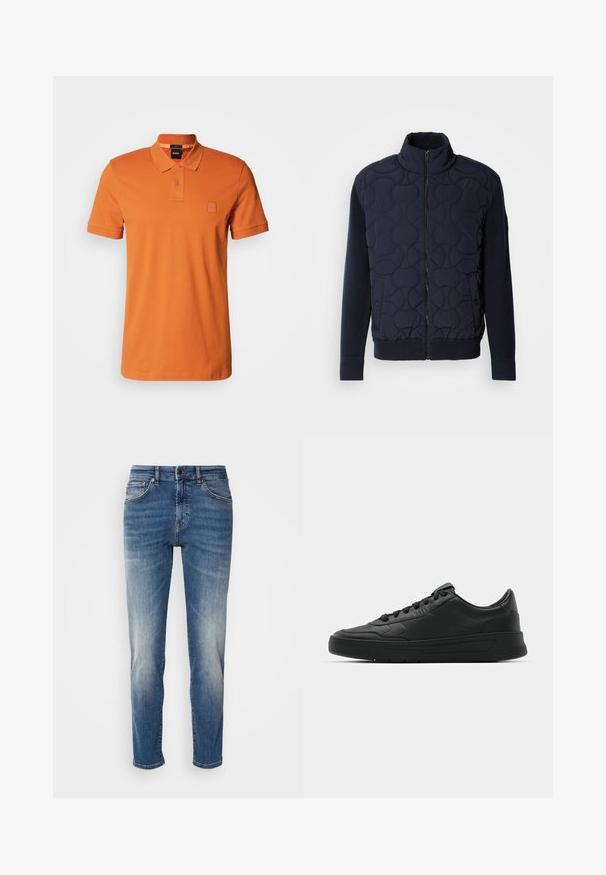 Tamsiai mėlynas siuvinėtas švarkas, turintis aukštą apykaklę, užtrauktuką priekyje, megztas rankoves ir briaunotą apačią, su apvaliais raštais priekyje.; Oranžinė polo marškinė su apykakle, trumpomis rankovėmis, dviem mygtukais ir iškilusiu logotipu krūtinėje. Lygaus audinio tekstūra.; Mėlyni džinsai su tiesiu kirpimu, šviesiu nusidėvėjimu, klasikinė penkių kišenių stiliumi ir užtrauktuku su sagute.; Juodi sportiniai batai su lygia odine viršutine dalimi, apvaliu pirštu, plokščiomis raišteliais, pagaminta su paminkštinta apykakle ir minimalizmo dizainu. Guma padais su subtilia protektoriaus raštu.