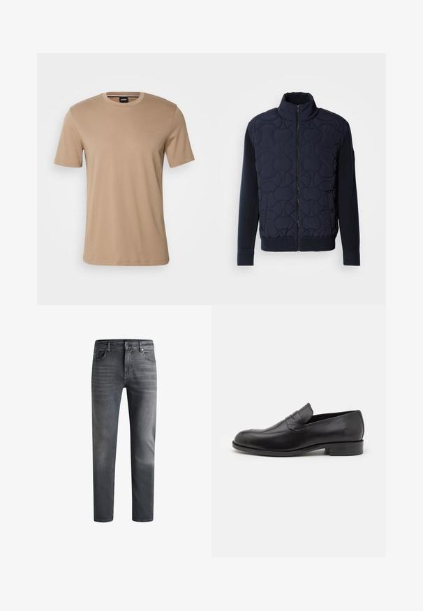 Tmavě námořnický prošívaný kabát s vysokým límcem, zipem vpředu, pletenými rukávy a žebrovaným lemem, se zaoblenými vzory na předním panelu.; Béžové tričko s krátkým rukávem vyrobené z hladké bavlny, s kulatým výstřihem a decentním logem značky na hrudi. Jednoduchý a minimalistický design.; Tmavě šedé džíny z denimu se rovnou siluetou, jemným zesvětlením, pěti kapsami a klasickým prošíváním na švech a pase.; Černé kožené mokasíny s kulatou špičkou a jemnými švy. Hladký povrch a nízký podpatek s logem na zadní straně.