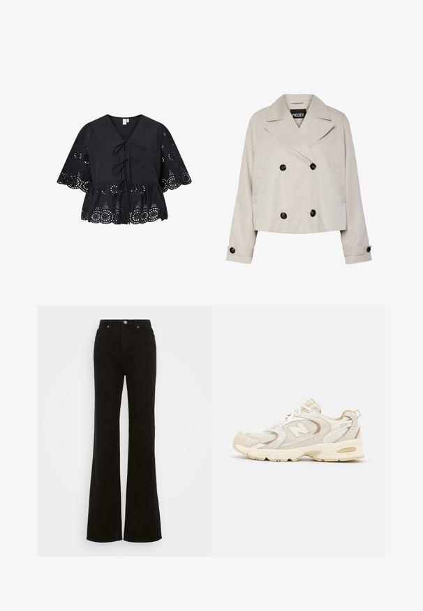 Lys beige kort dobbeltbrystet jakke med brede revers, fire sorte knapper foran, og knappefeste på lange ermer.; Svart bomullsbluse med V-hals, knyting foran og korte, brede ermer med broderte utskjæringsdesign og bølgekant.; Høyt liv svarte utsvingte jeans laget av denim, med knappelukking, sidelommer og en glatt tekstur.; Beige idrettssko med mesh og syntetiske dekninger, med en teksturert overflate, polstret krage og "ABZORB" demping i hælen.